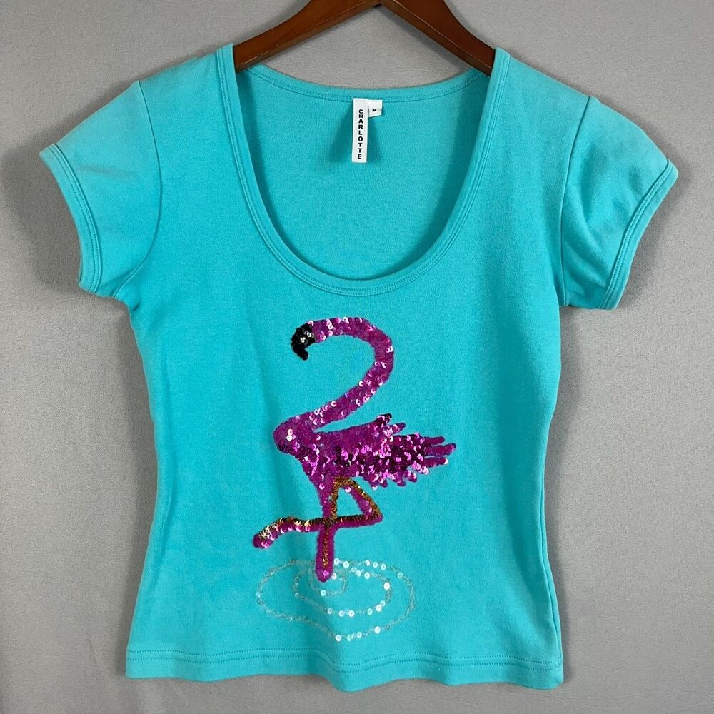 Vintage Charlotte Tarantola Baby Tee T-Shirt Women MED Blue Pink Sequin Flamingo